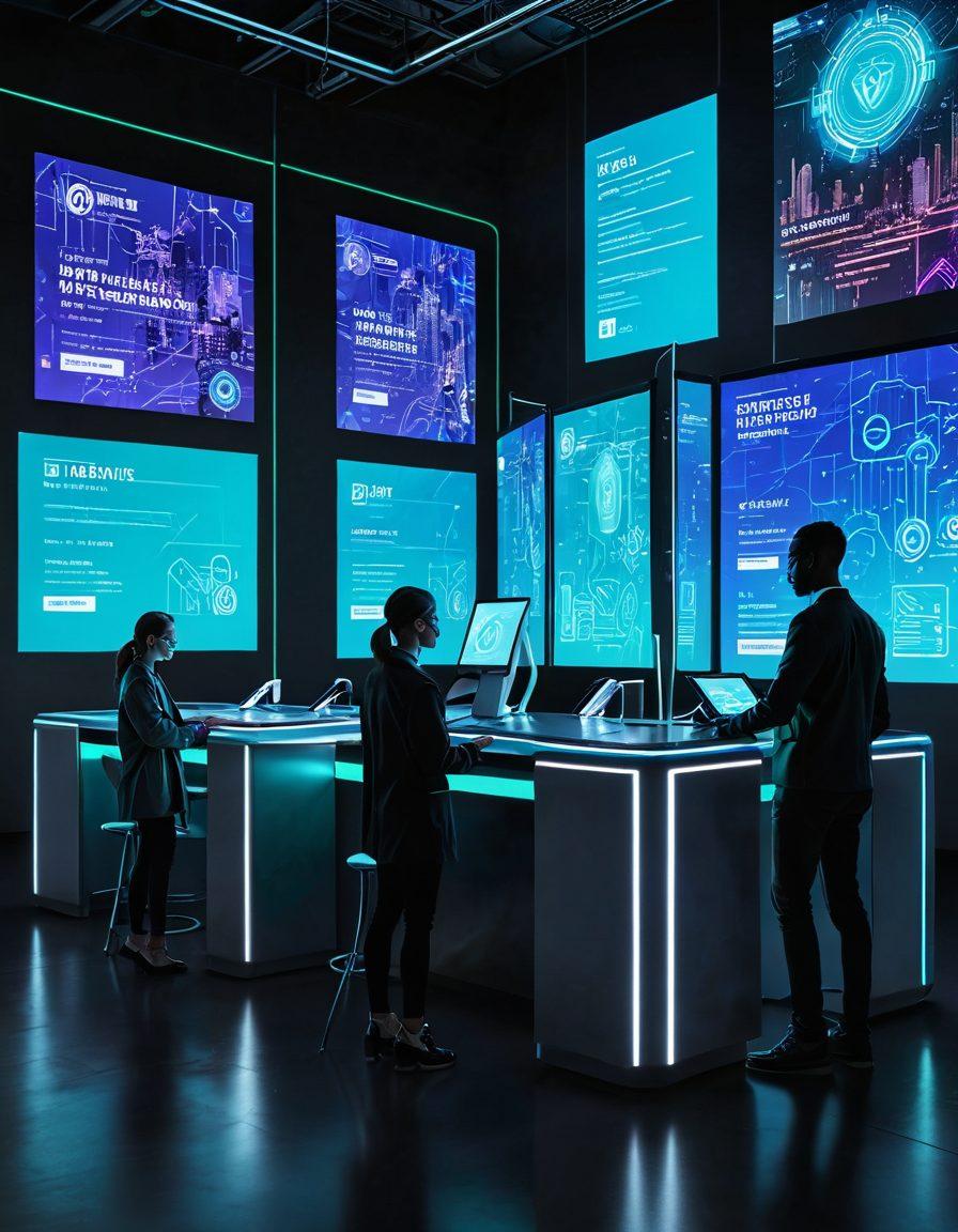 A sleek digital voting booth with glowing screens displaying voter rights and security icons, surrounded by abstract representations of cybersecurity and insurance symbols. A diverse group of engaged voters in the foreground, showcasing inclusivity and trust in technology. The background features a futuristic cityscape with digital elements and soft blue and green hues to convey safety and innovation. 3D. vibrant colors. cyberpunk.