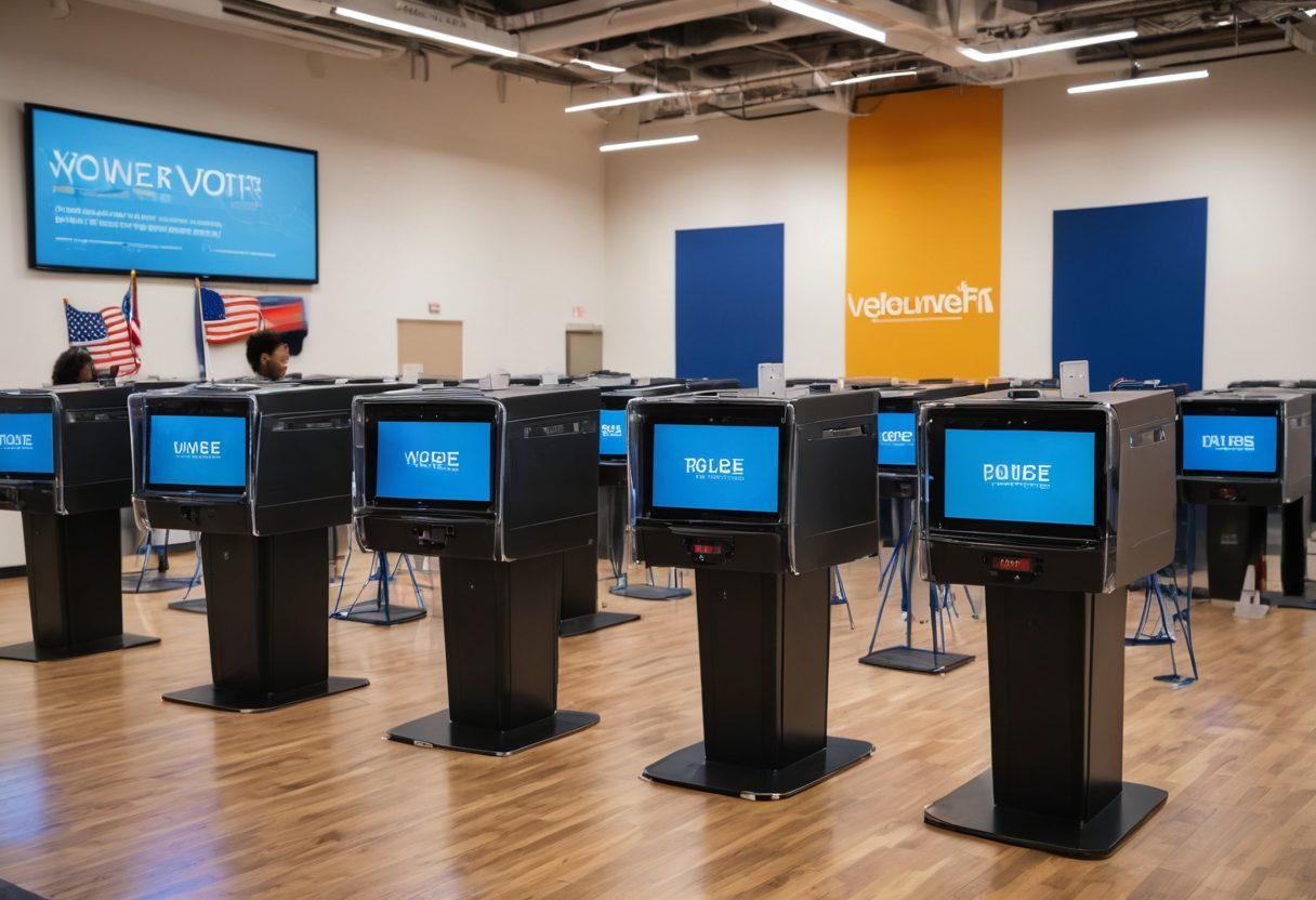 A modern voting booth with digital screens displaying secure voting options, flanked by diverse voters engaged in the process. In the background, a high-tech command center monitors real-time data and security. The atmosphere is bright and optimistic, showcasing integrity and transparency in the electoral process. vibrant colors. super-realistic. technology theme.